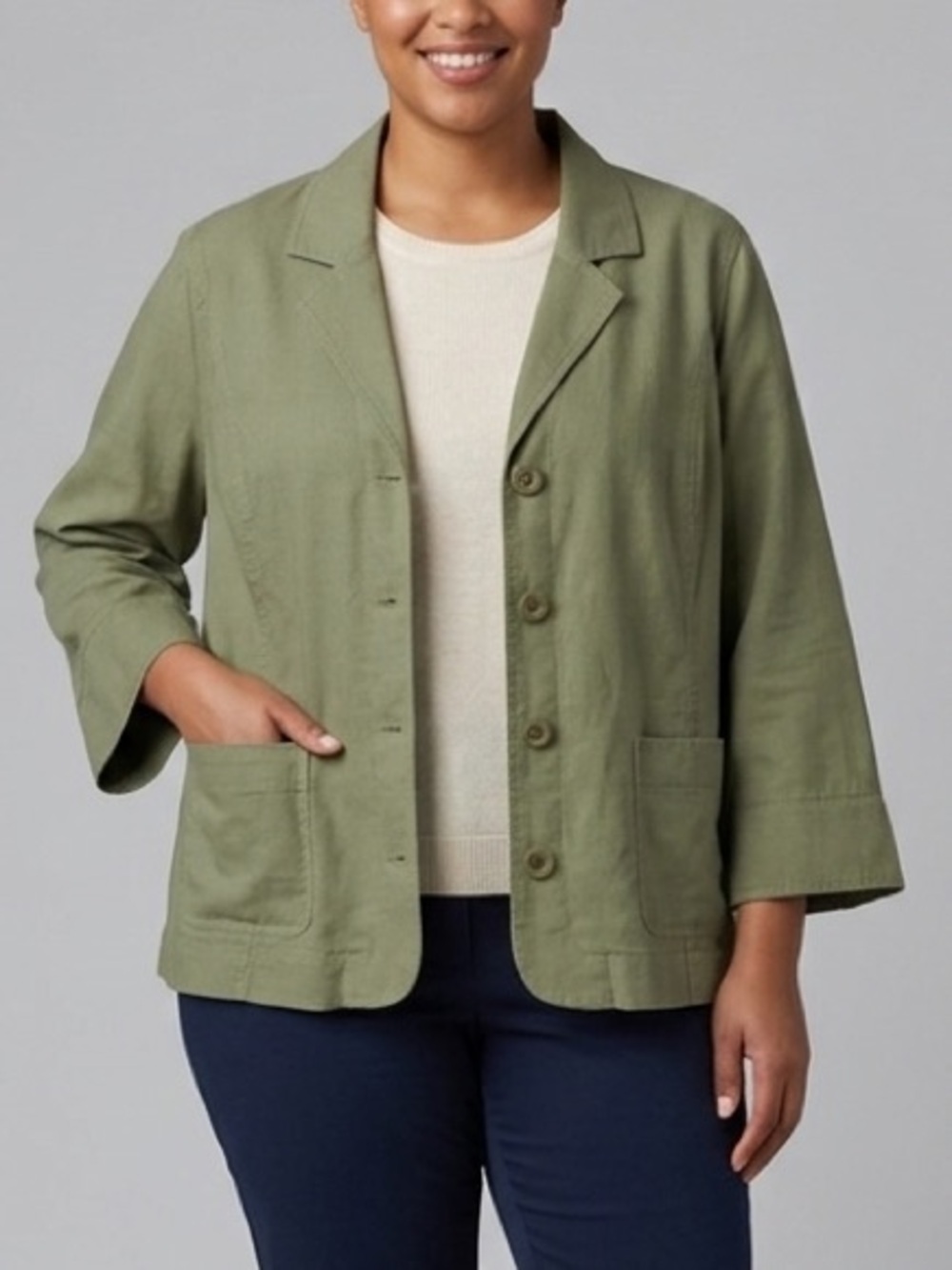 Northern Reflections Olive Green Linen Button-Up Light Jacket Women's Size XXL